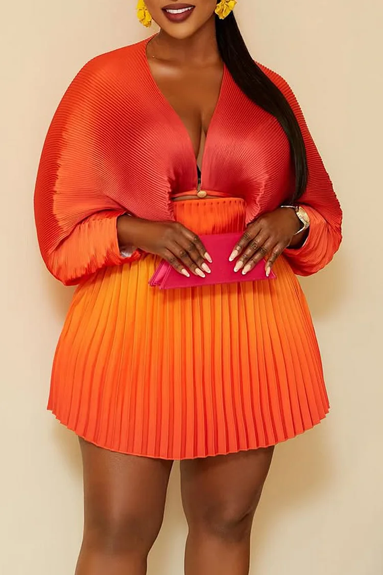 Plus Size Party Orange V Neck Long Sleeve Pleated Two Piece Skirt Sets [Pre-Order]