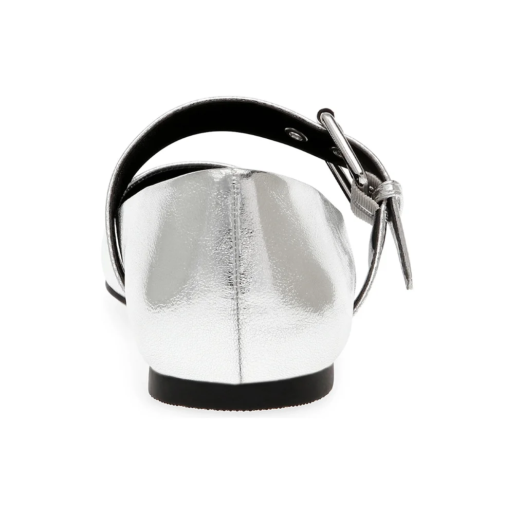 Metallic Silver Square Toe Mary Jane Ballet Flats with Buckle