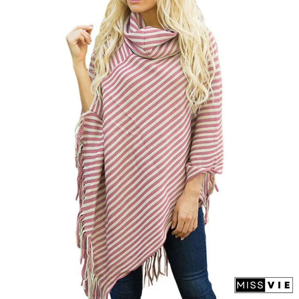 High Collar Batwing Tassels Pullovers Poncho Top