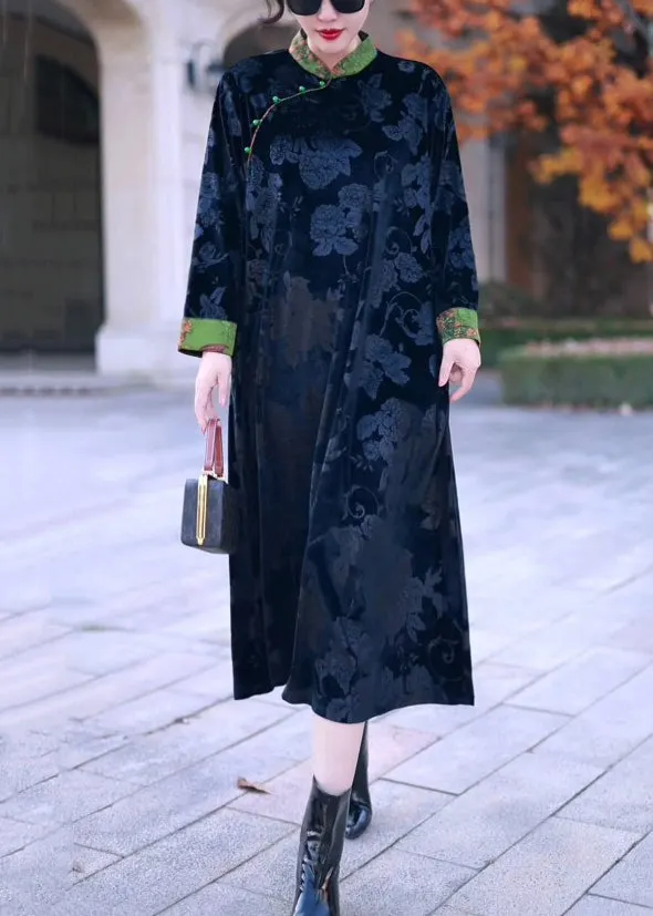 Elegant Black Stand Collar Print Silk Velour Long Dress Winter