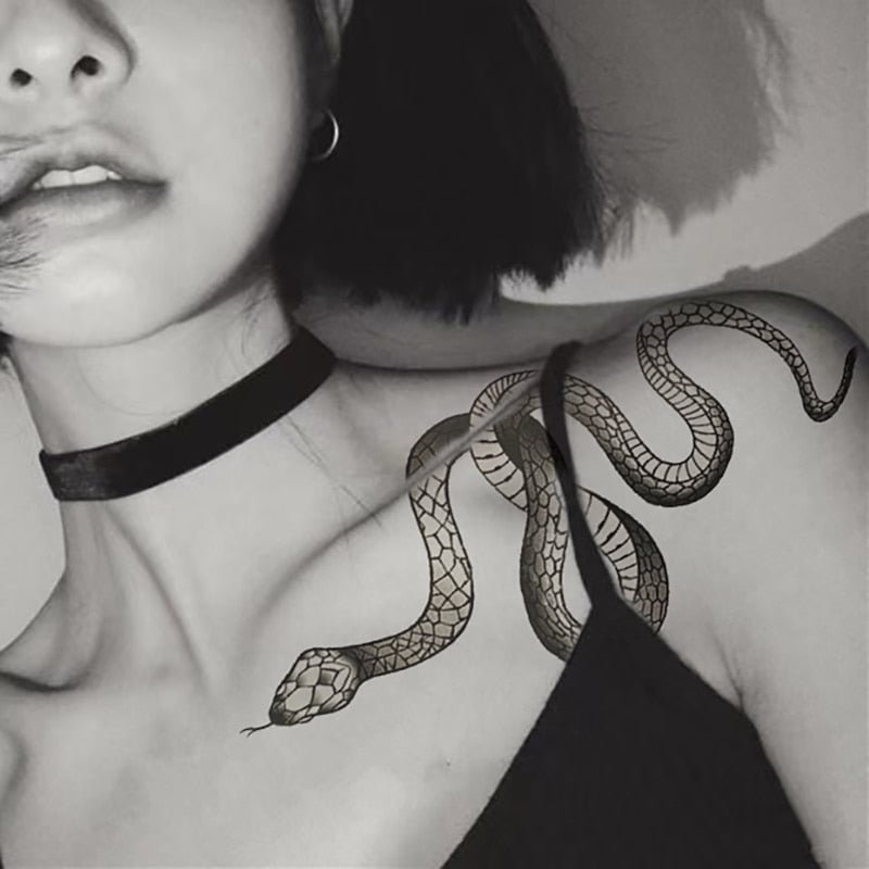 Black Large Size Arm Temporary Tattoo Stickers Black Snake for Woman Men Body Waist Long Lasting Waterproof Dark Snake Tattoos