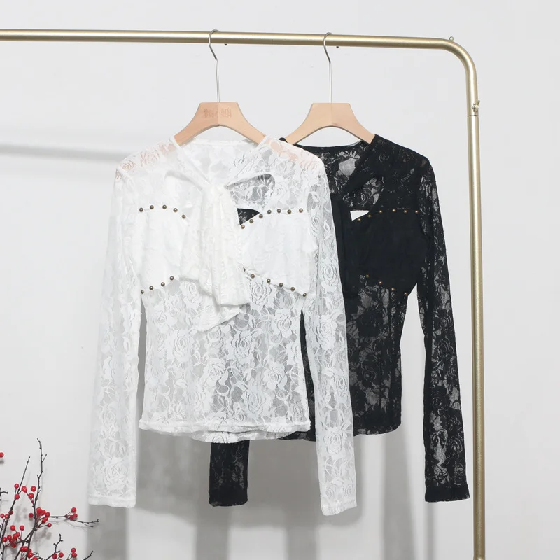 Uveng Explosion Real Shot Design Lace Ribbon Hollow Long Sleeve Top Sexy Slimming Bottom T-Shirt 8979