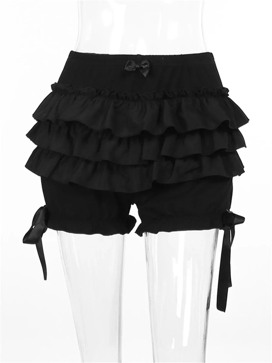 Oocharger Gothic Black Bloomer Shorts Women's Summer Elastic Waist Ruffle Layered Shorts Harajuku Streetwear High Waist Bottoms