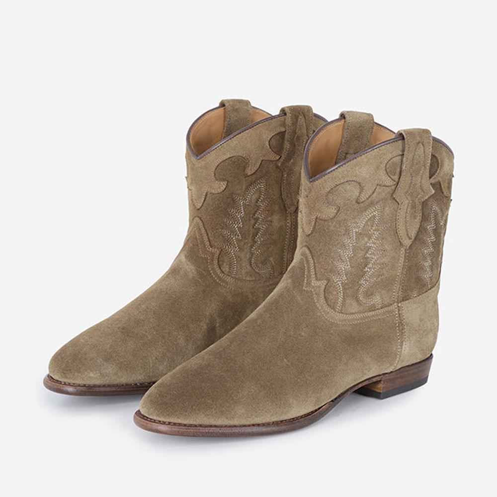 Olive Pull-On Round Toe Flat Short Cowgirl Boots with Stitching Nicepairs