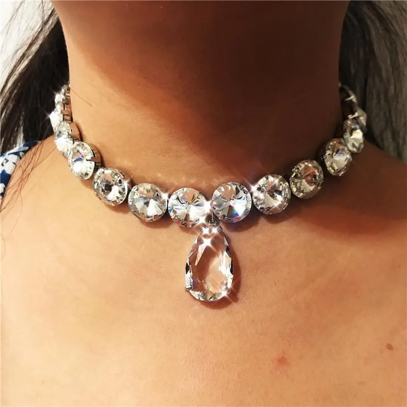 Crystal Choker Water Drop Pendant Necklace-VESSFUL