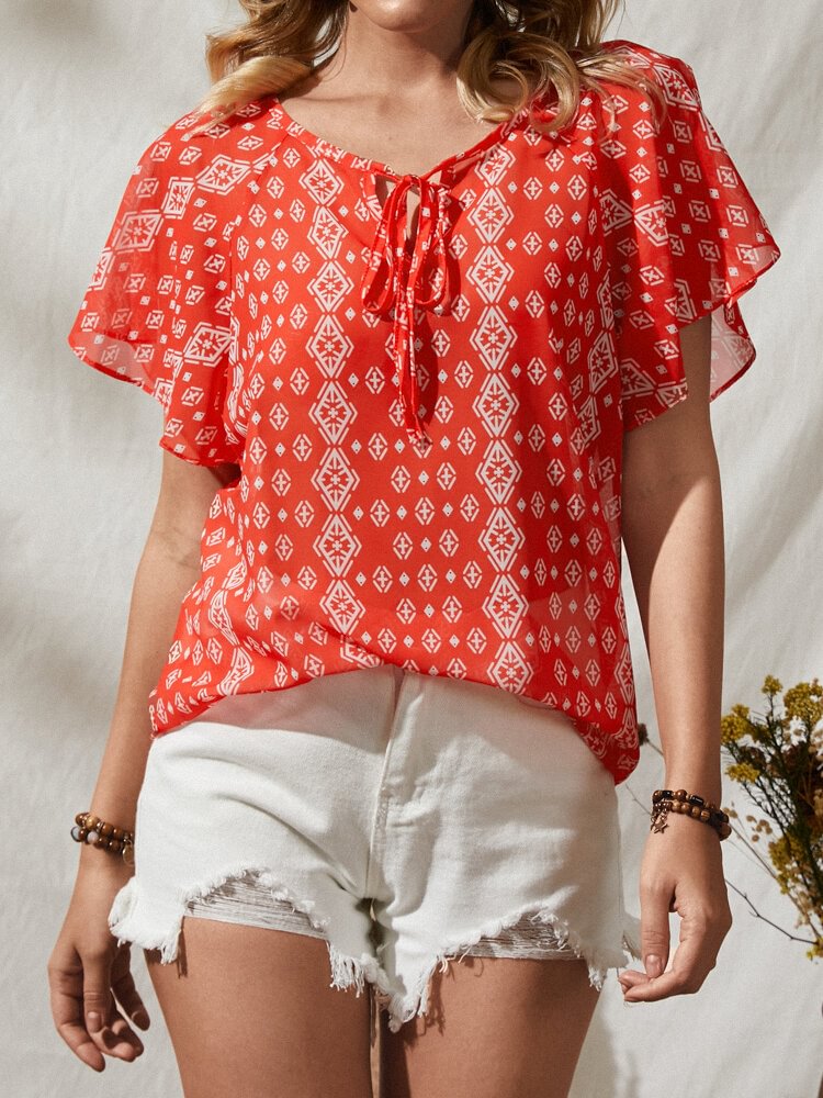 Floral Print Knotted Ruffle Short Sleeve V neck Blouse For Women P1845533