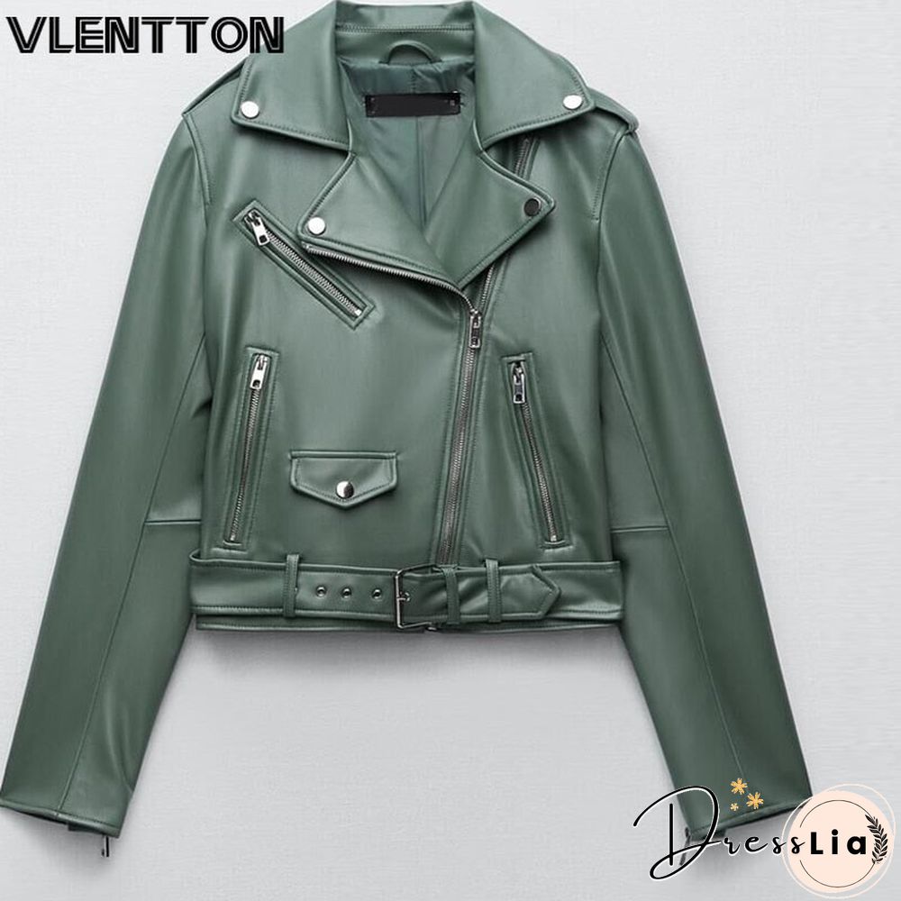 Spring Autumn Women Faux Leather Jacket Ladies Solid With Belt Zipper Biker Coat Female Casual Outwear