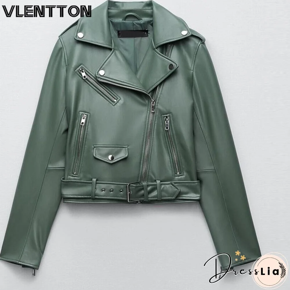 Spring Autumn Women Faux Leather Jacket Ladies Solid With Belt Zipper Biker Coat Female Casual Outwear