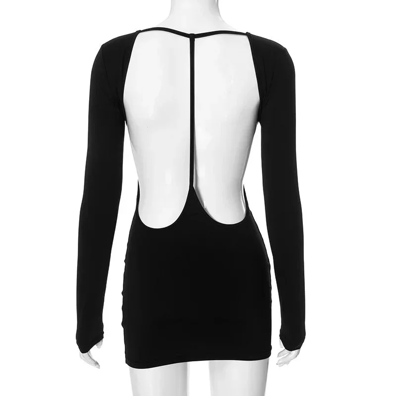 Toloer Black Long Sleeve Deep Open Back Mini Dress-Outfit Ideas