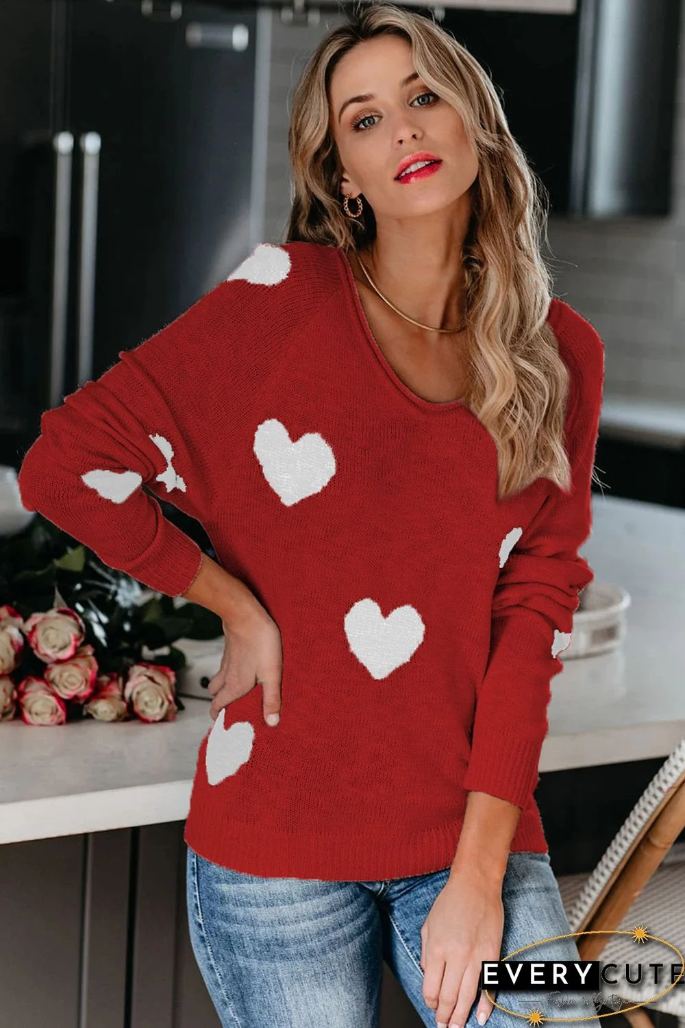 Red Heart Pattern V Neck Knit Sweater