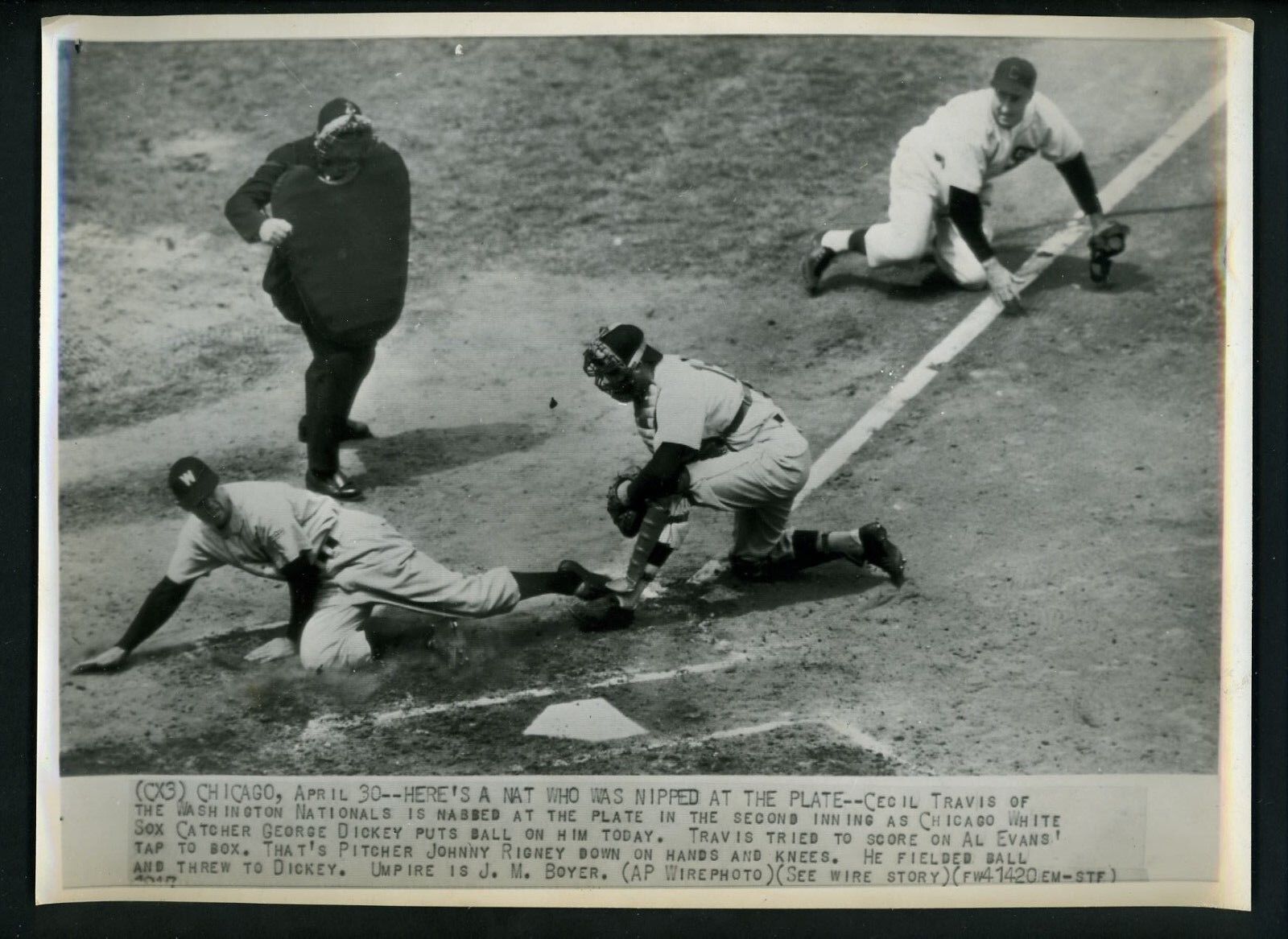 George Dickey Johnny Rigney Cecil Travis 1947 Press Photo Poster painting White Sox Senators