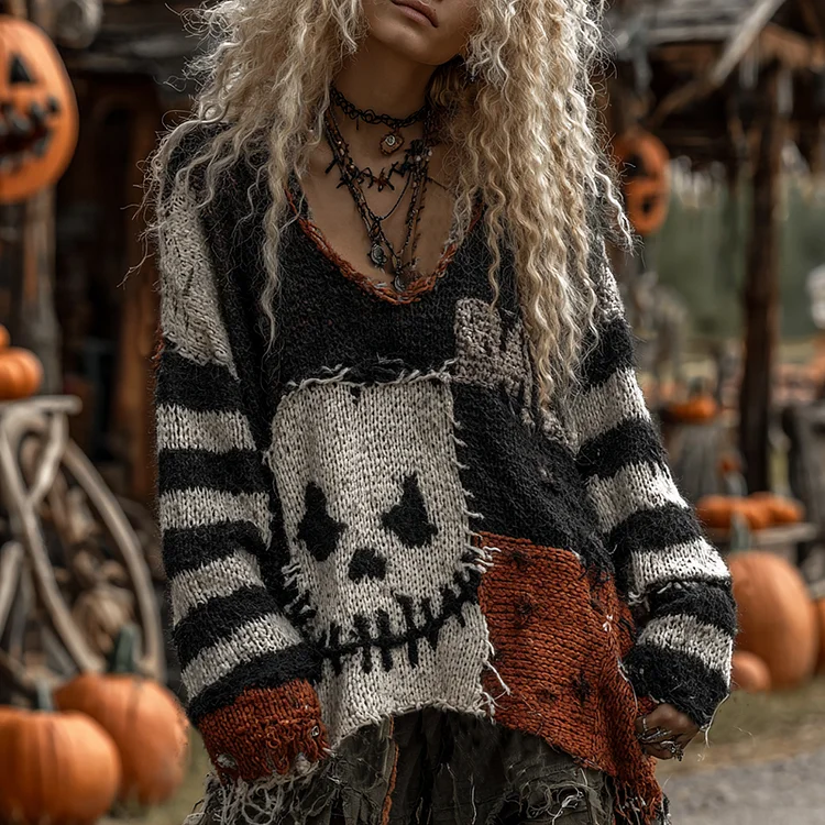 Halloween Evil Face Art Cozy Knit Sweater