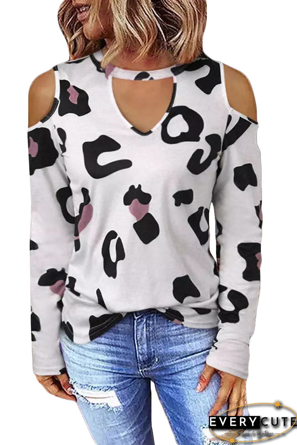 Leopard Hollow Out Cold Shoulder Blouse