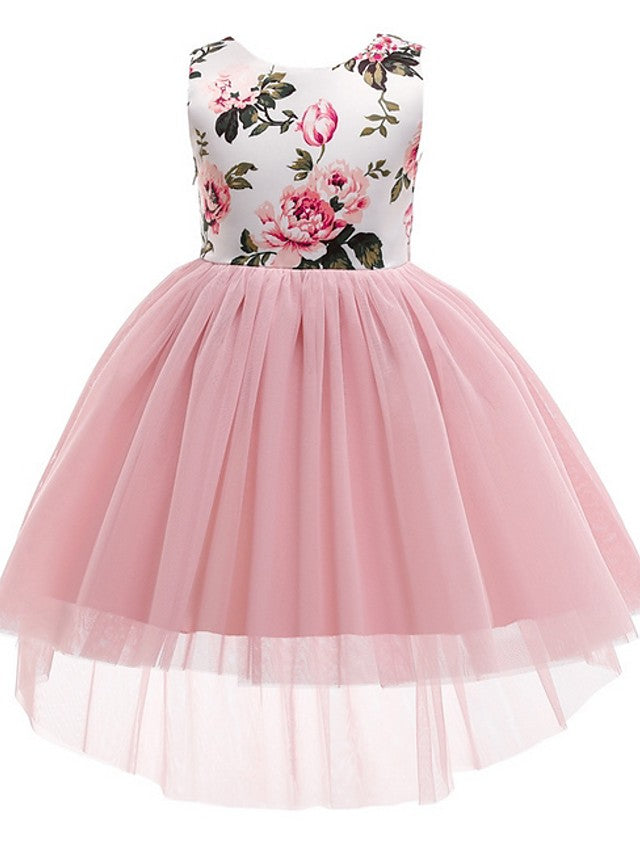 Oknass  Ball Gown Asymmetrical Sleeveless Jewel Neck Flower Girl Dresses Tulle With Bow  Pattern  Print