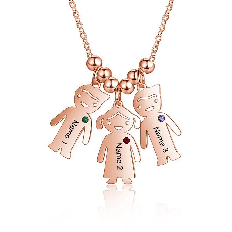 To My Dearest Mom Kid Charm Necklace Personalized 3 Names and Birthstones "You Mean The World to Me"