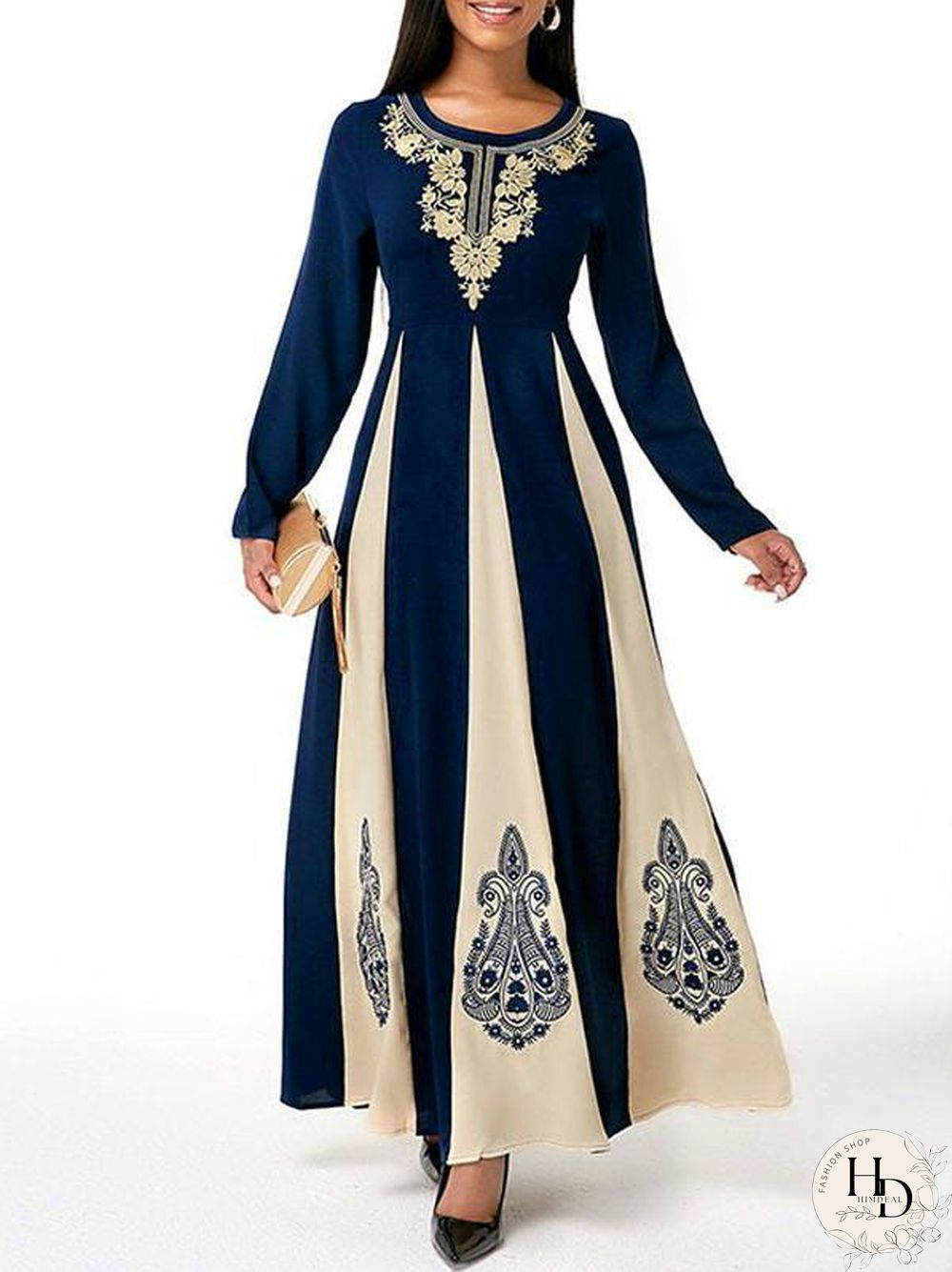 Color Joint Round Neck Women Retro Printed Long Sleeve Dress