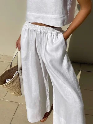 Image of Loose Wide Leg Elasticity Pockets Solid Color Pants Trousers