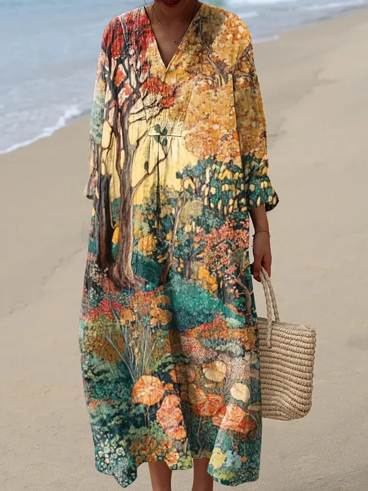 Women's Vintage Art Oil Painting Flower Art Print Dress