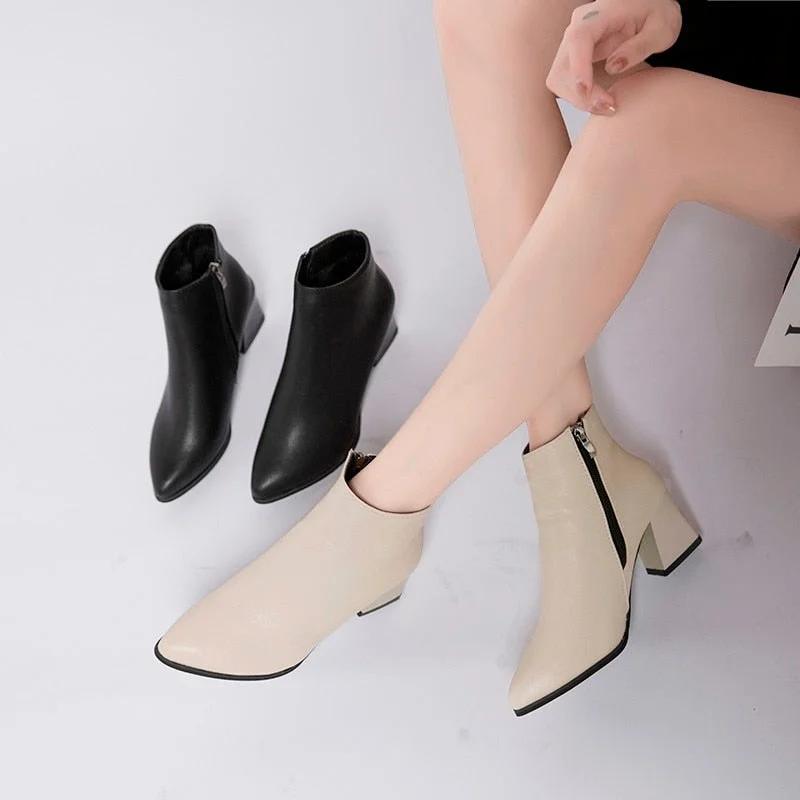 2022 New Fashion Leather Ankle Boots Women Thick High Heels Zipper Pointed Toe Autumn Winter Woman Shoes Square Heel White Black