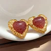 Heart Shape Natural Pink Stone Golden Earrings