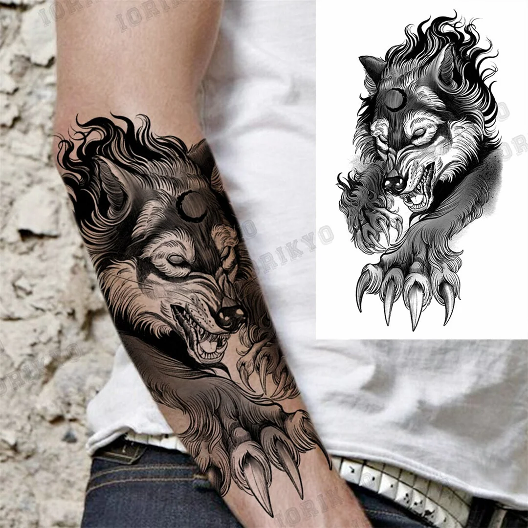 Black Lion Wolf Temporary Tattoos For Men Adult Forest Rose Compass Warrior Fake Tattoo Washable Body Art Painting Tatoo Sticker