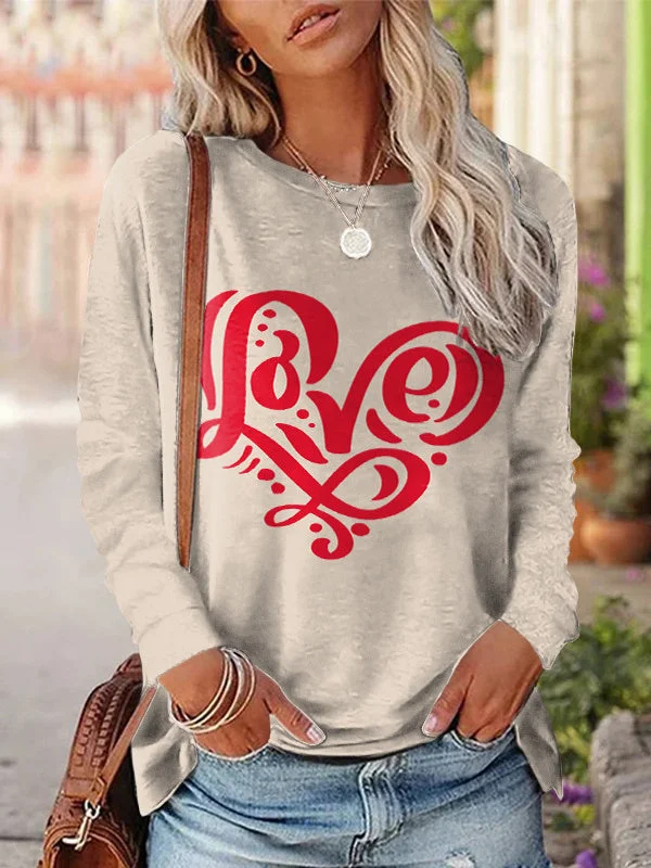 Women plus size clothing Women's Scoop Neck Long Sleeve Graphic Heart Printed Tops-Nordswear