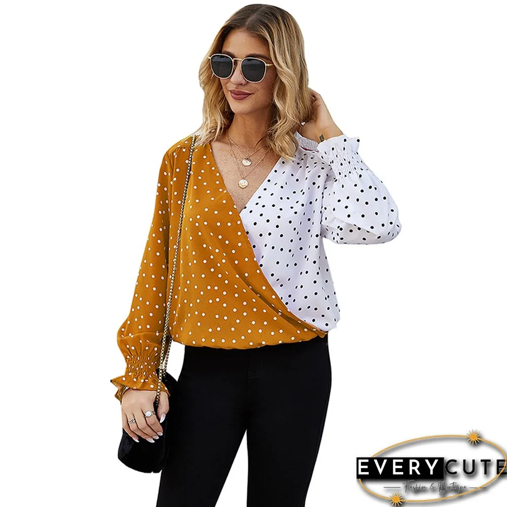 Yellow Polka Dot ColorBlock V Neck Blouse
