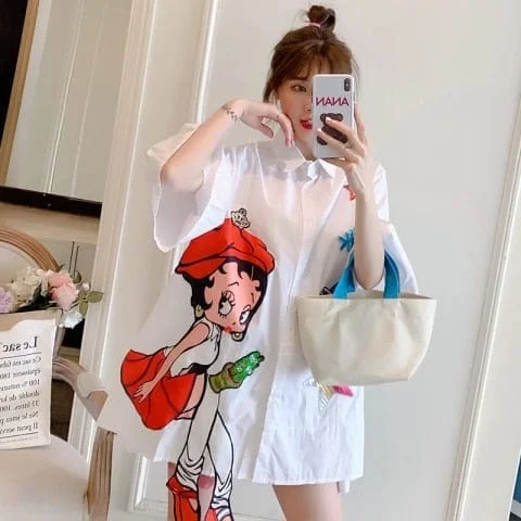 pornhint Pornhint Flared Sleeves Loose Plus Size Shirt Dress Cartoon Print Summer Ladies Korean Style Irregular Woman White Casual Fashion Blouse