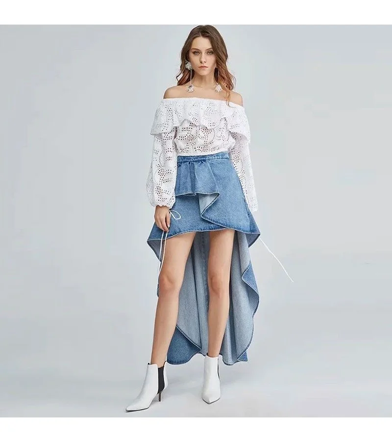 Women Ruffled Irregular High-low Hemline Denim Skirt