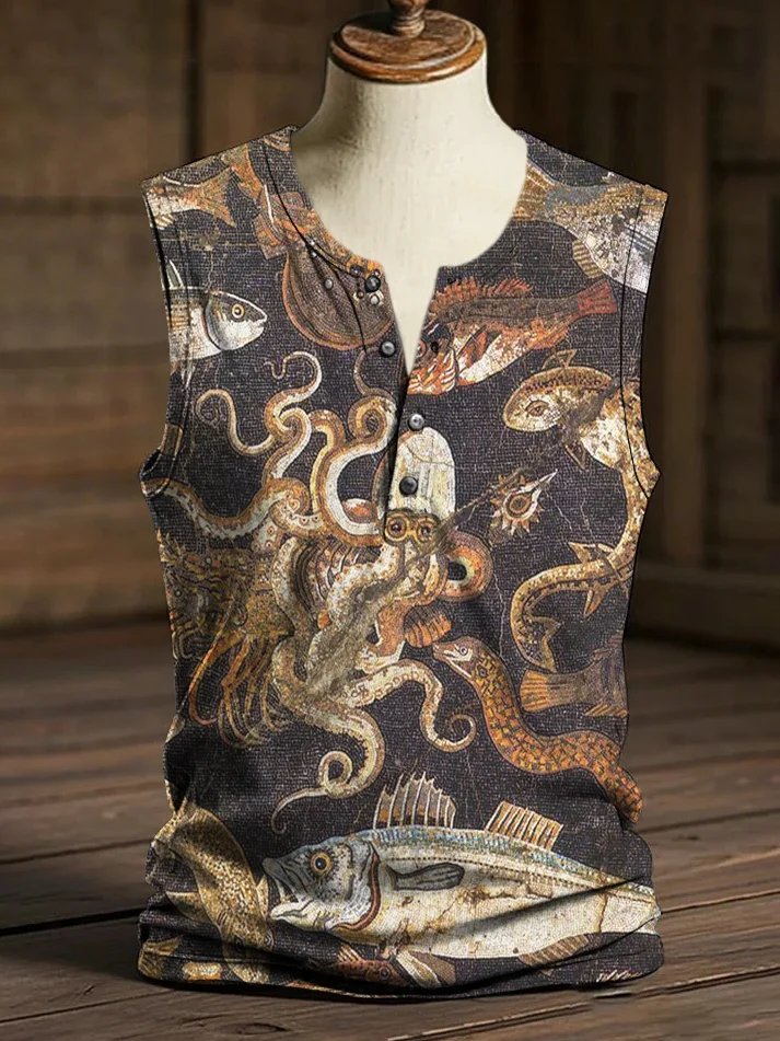 Men's Retro Octopus Fish Art Print Button Casual Tank Top