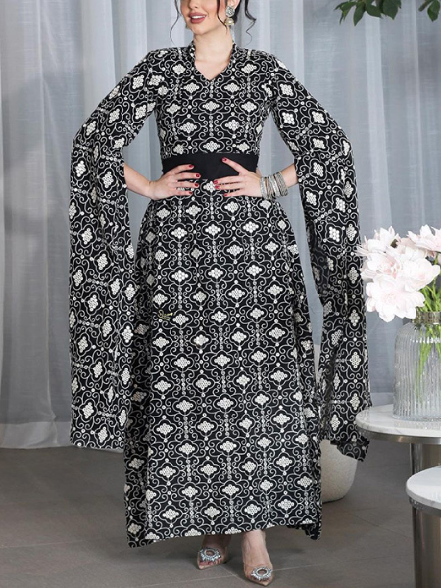 Folk Print Slit Long Sleeve V Neck Kaftan Dress | Oxredo Shop Ramadan Sale