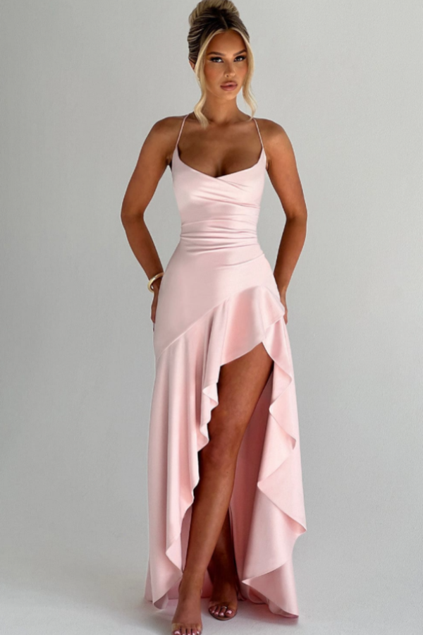 Blushing Pink Spaghetti-Straps Split Ruffles Prom Dress ZT0645
