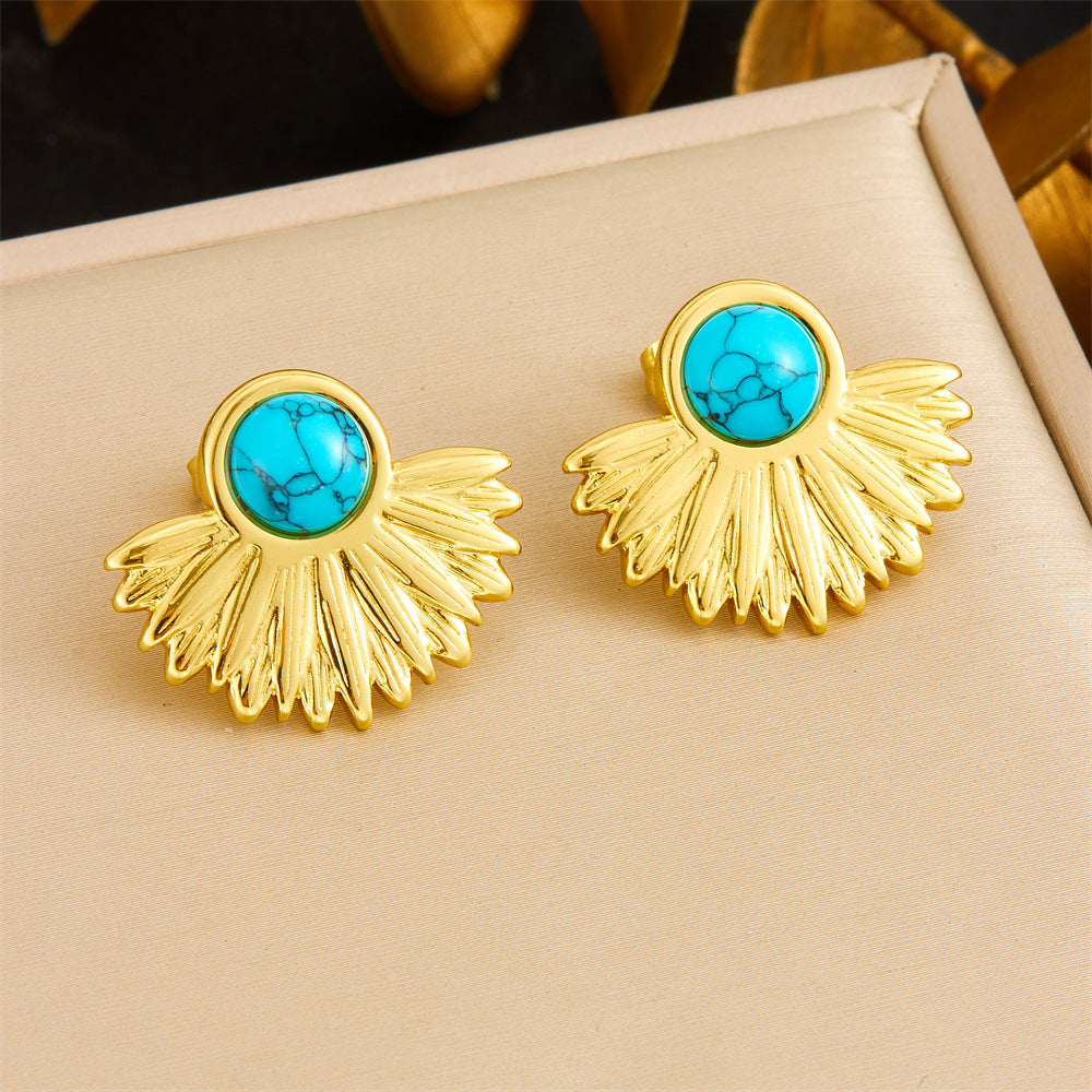 Fashion Retro Design Gold-Plated Inlaid Blue Turquoise Fan-Shaped Accessories Stainless Steel Earrings