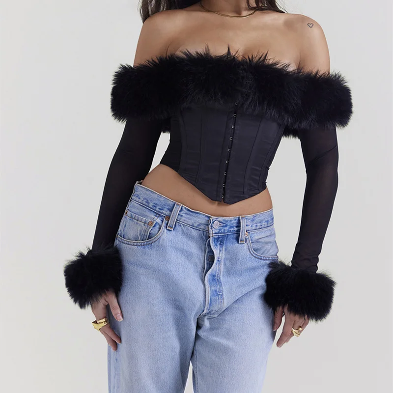 Uveng Uveng Women's Winter 2023 New Sexy Maomao One-Line Collar Off-Shoulder Gauze Long Sleeve Irregular Top