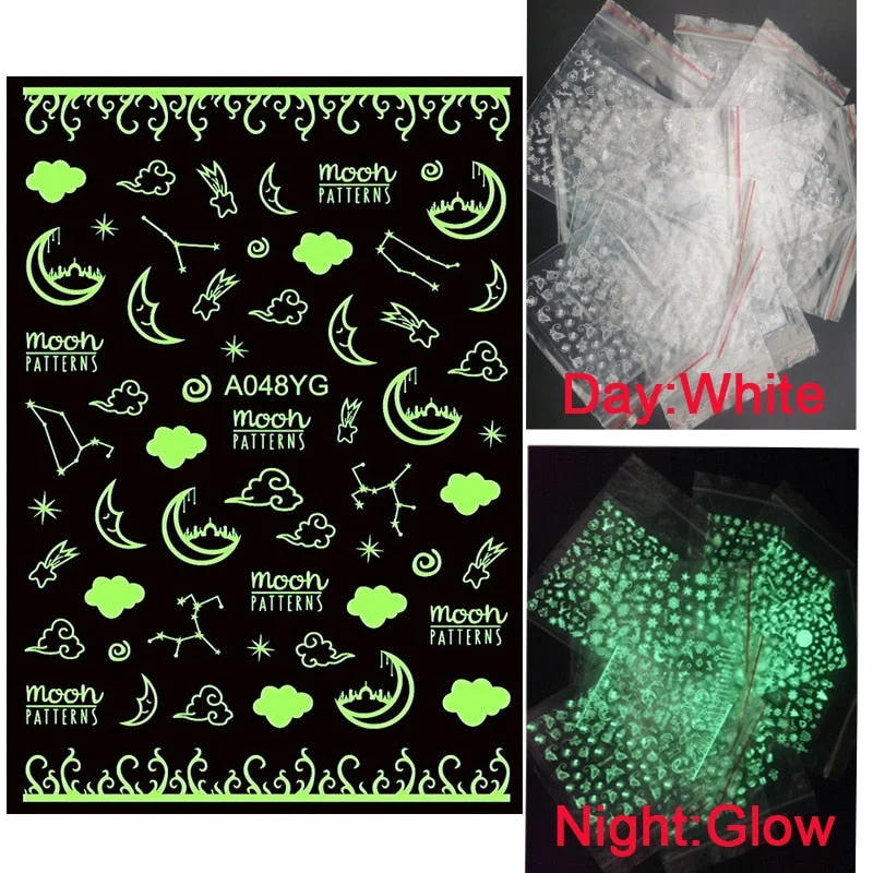 Luminous Fire Nail Art Stickers Glow In Dark Nail Decals Moon Butterfly Transfer Manicure Design Night Light Stickers-Nail Inspo