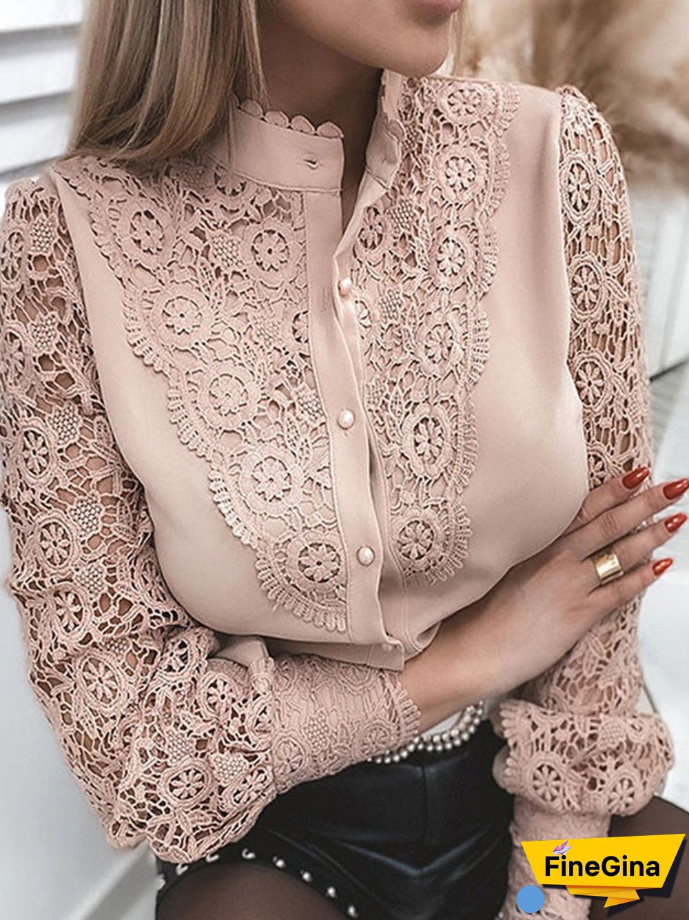 Women'S Blouses Stand Collar Lace Cutout Long Sleeve Blouse