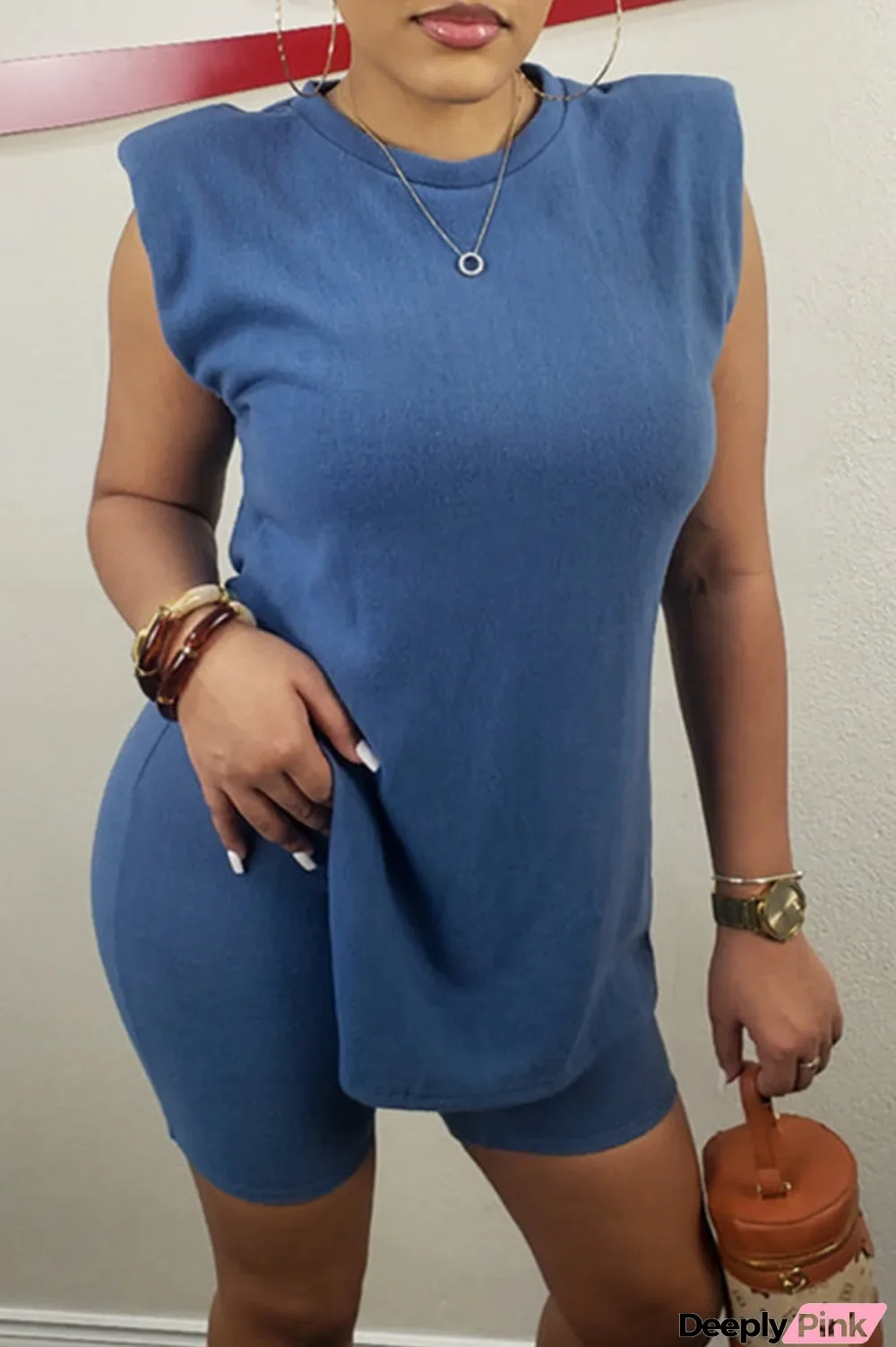Blue Fashion Casual Solid Slit O Neck Sleeveless Two Pieces
