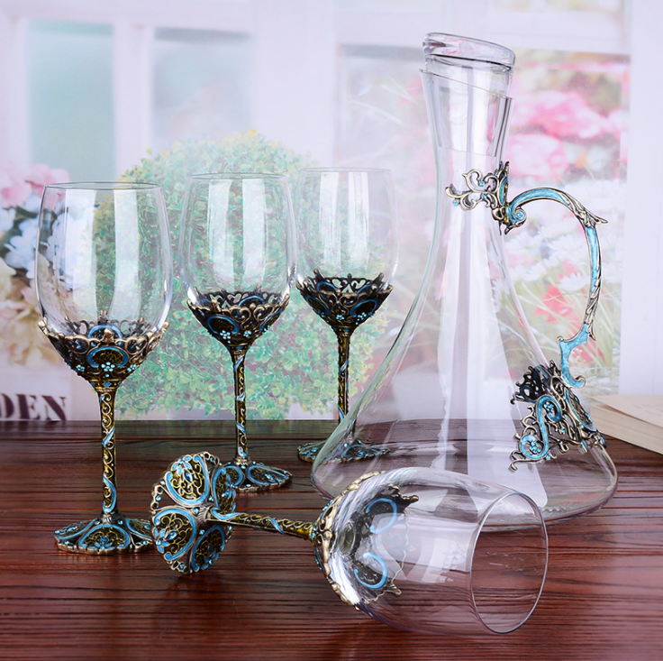 Vintage Enamel Crystal Glass Red Wine Glass Wake Up Set