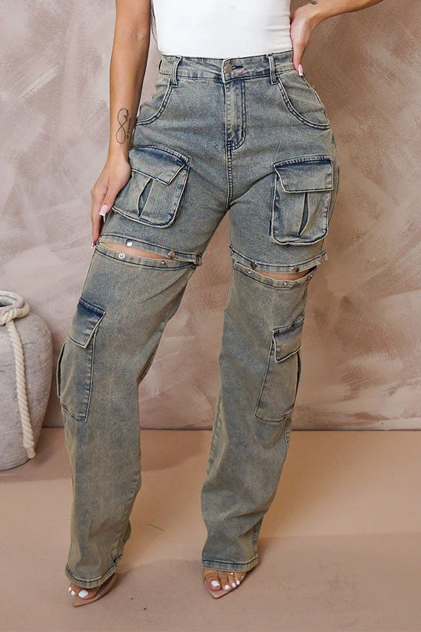 Distressed Washed Punk Multi Pocket Detachable Jeans