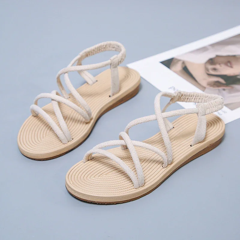 Qengg 2022 Summer Women Sandals Fashion Plus Size Flat Sandals Women Comfortable Rope Roman Ladies Sandals