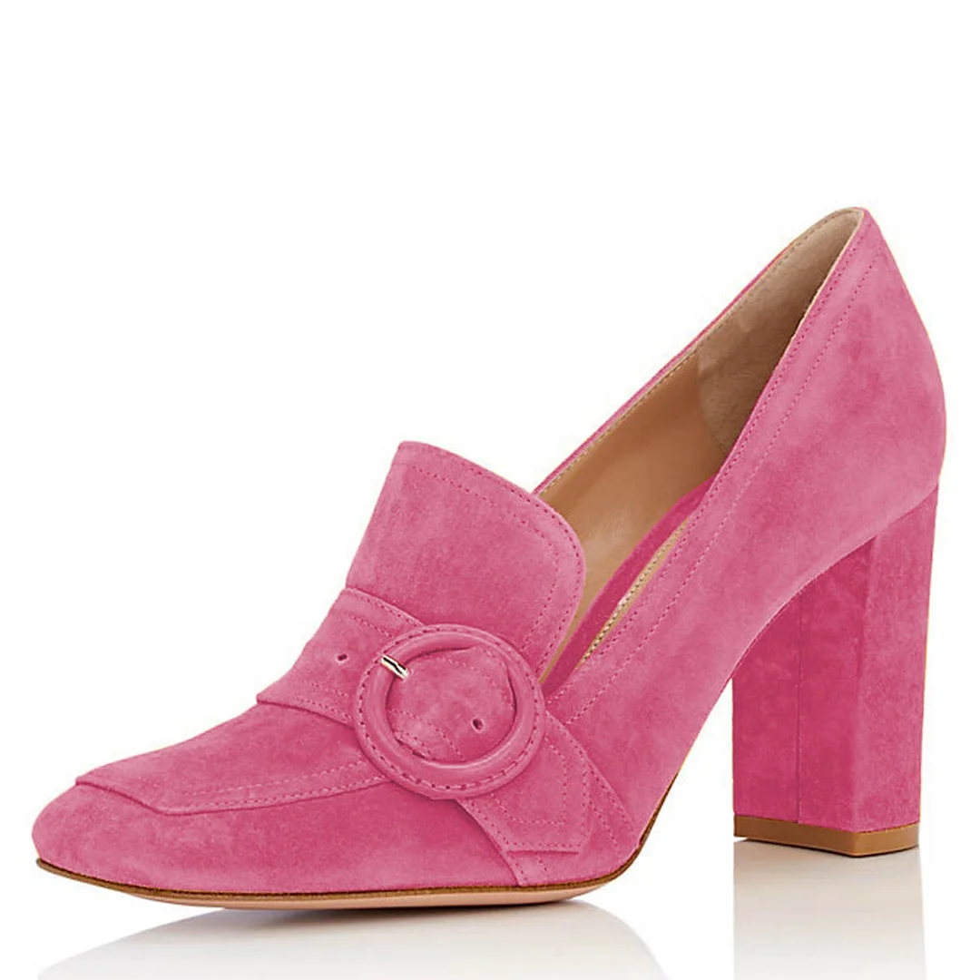Hot Pink Square Toe Buckle Chunky Heeled Vegan Suede Loafers Women