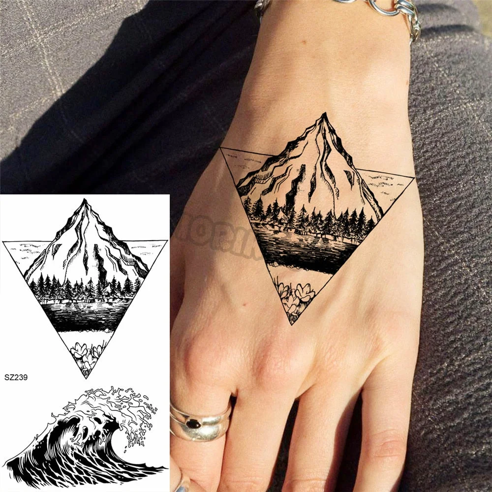 Black Dandelion With Creative Tattoos For Women Men Realistic Sea Wave Mountain Lavender Fake Tattoo Sticker Arm Leg Tatoos 3D