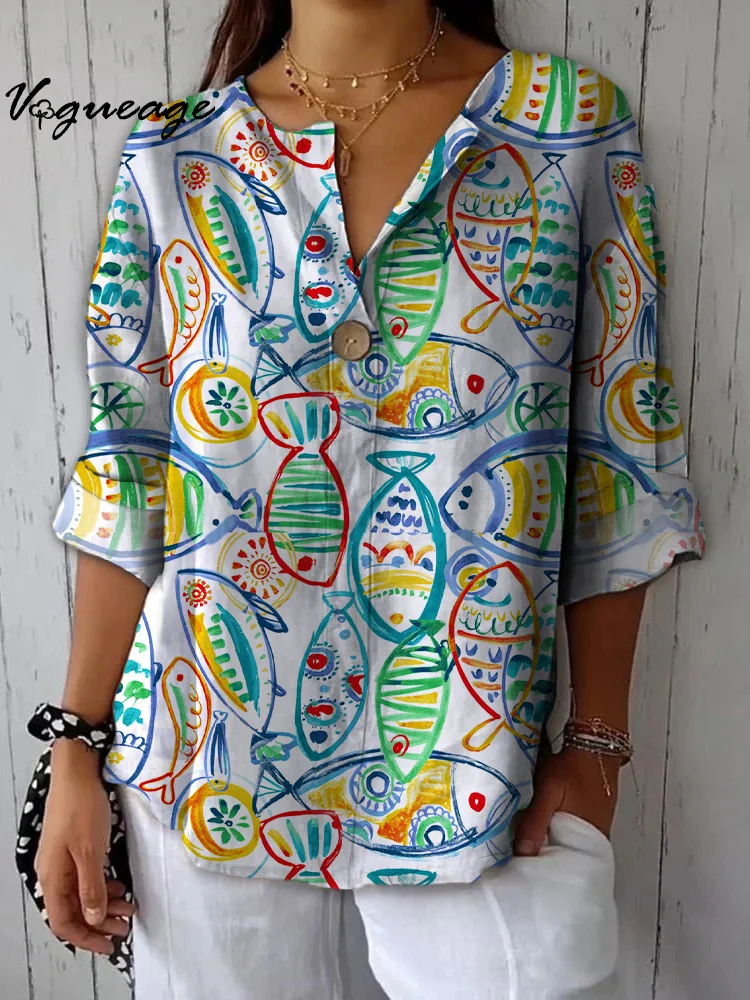 Fashionable And Elegant Colorful Line Fish Printed Cotton And Linen Shirt