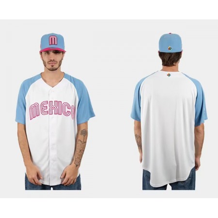 Men's Mexico Baseball Blank 2023 White Blue World Baseball Classic Stitched Jersey 7Y7C