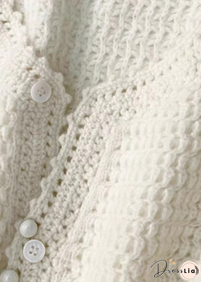 Simple Beige O Neck Hollow Out Button Patchwork Knit Top Fall