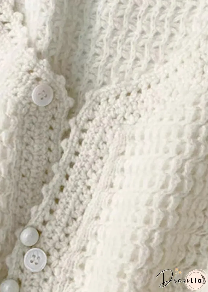 Simple Beige O Neck Hollow Out Button Patchwork Knit Top Fall