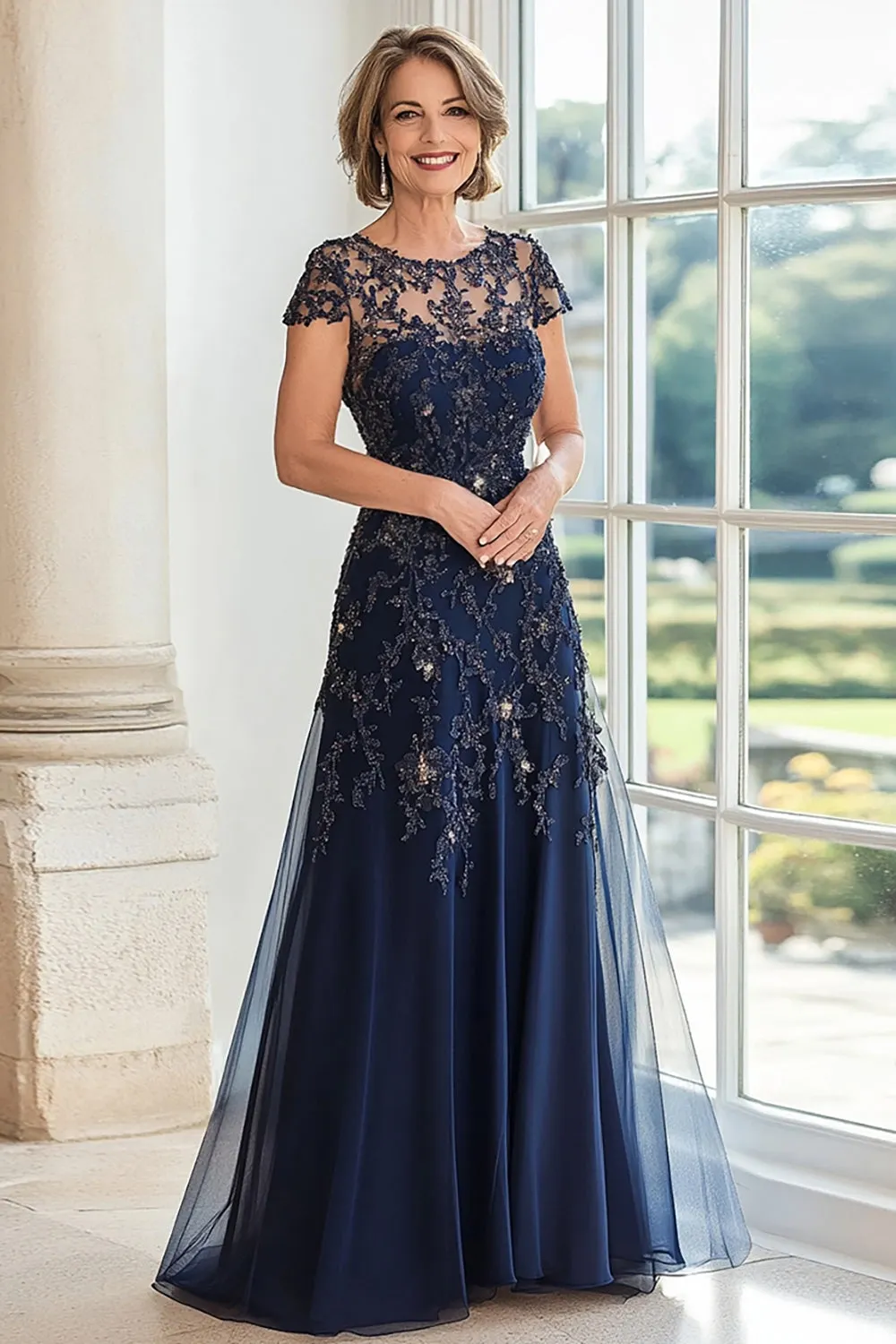 Lussooy Stunning Tulle Scoop Neck Embroidery Short Sleeves Mother of The Bride Dress 