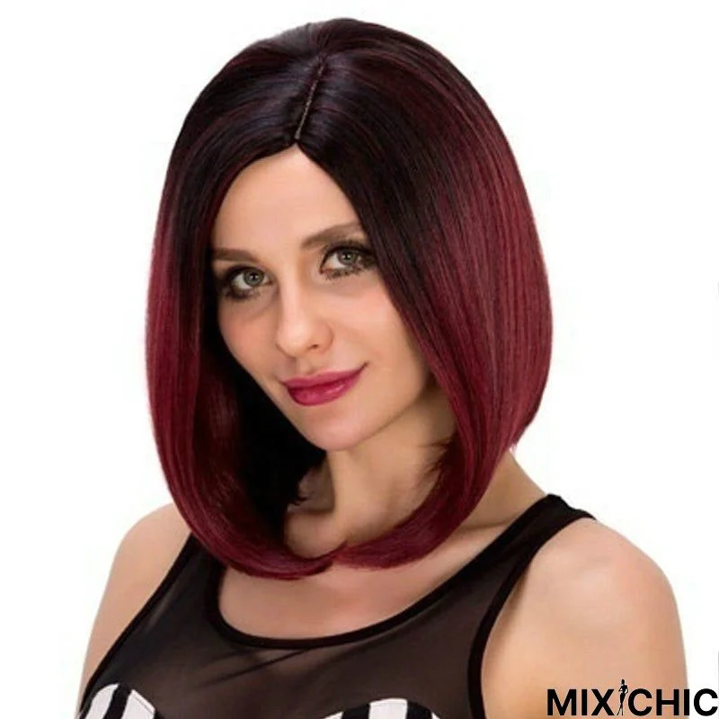 Women's Wig Black Gradient Wine Red Split Bangs Short Straight Hair Wave Head