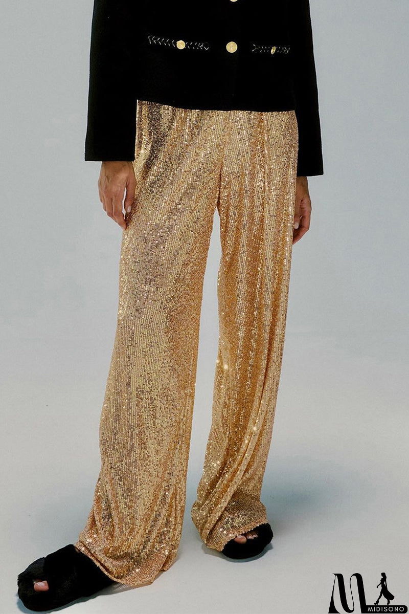 MidiSono - Casual British Style Solid Sequins Loose Low Waist Straight Solid Color Bottoms