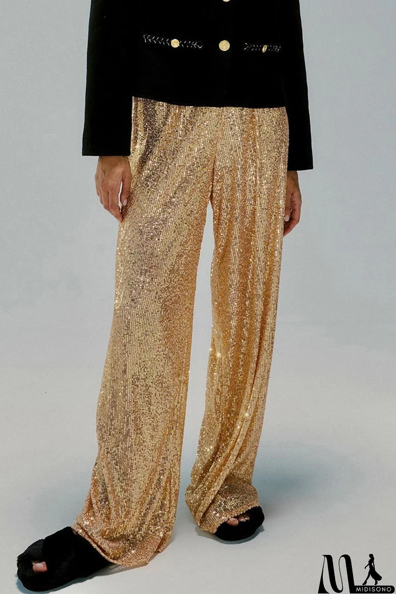 MidiSono - Casual British Style Solid Sequins Loose Low Waist Straight Solid Color Bottoms